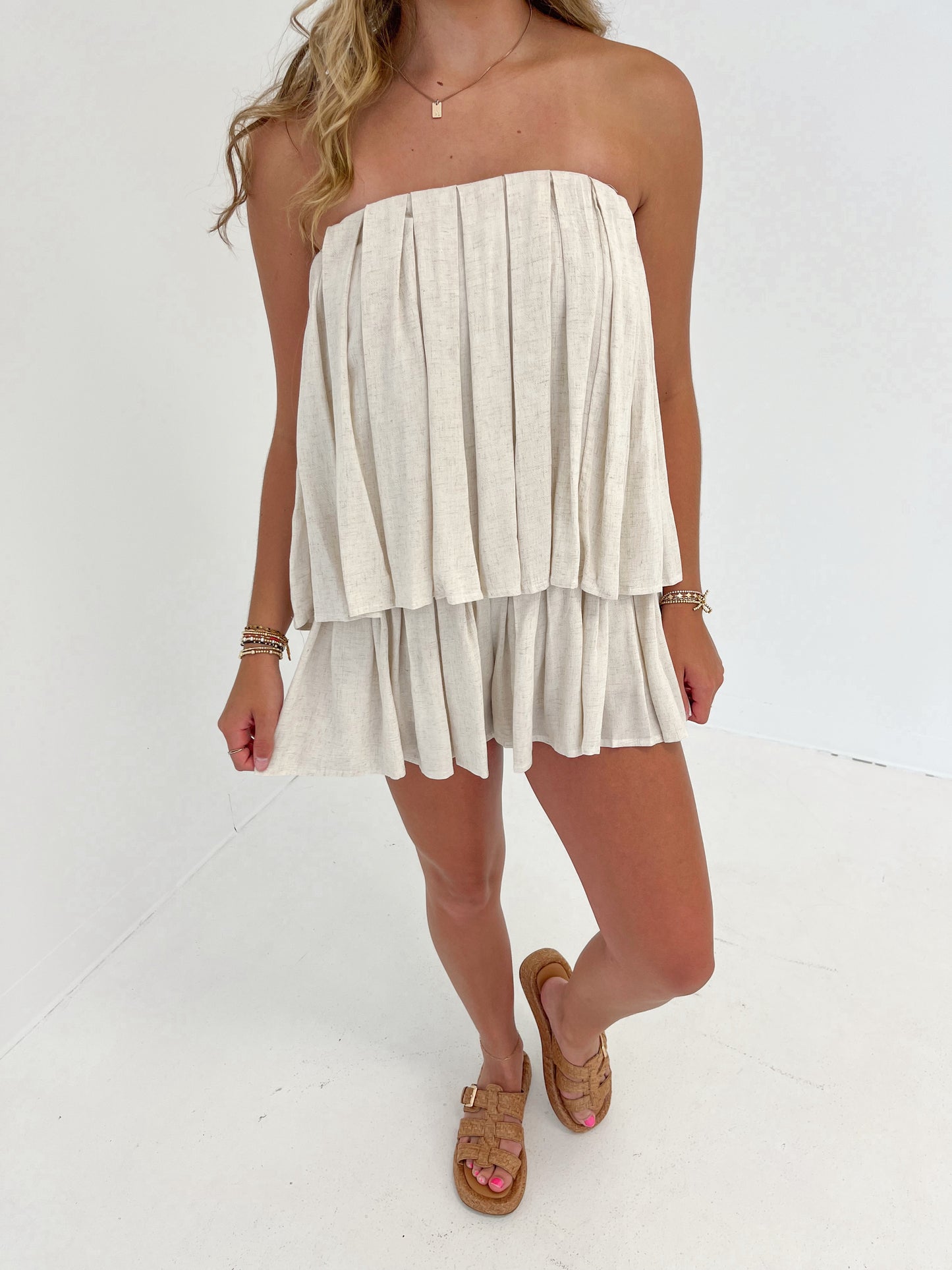 Sunset Stroll Pleated Romper | Natural