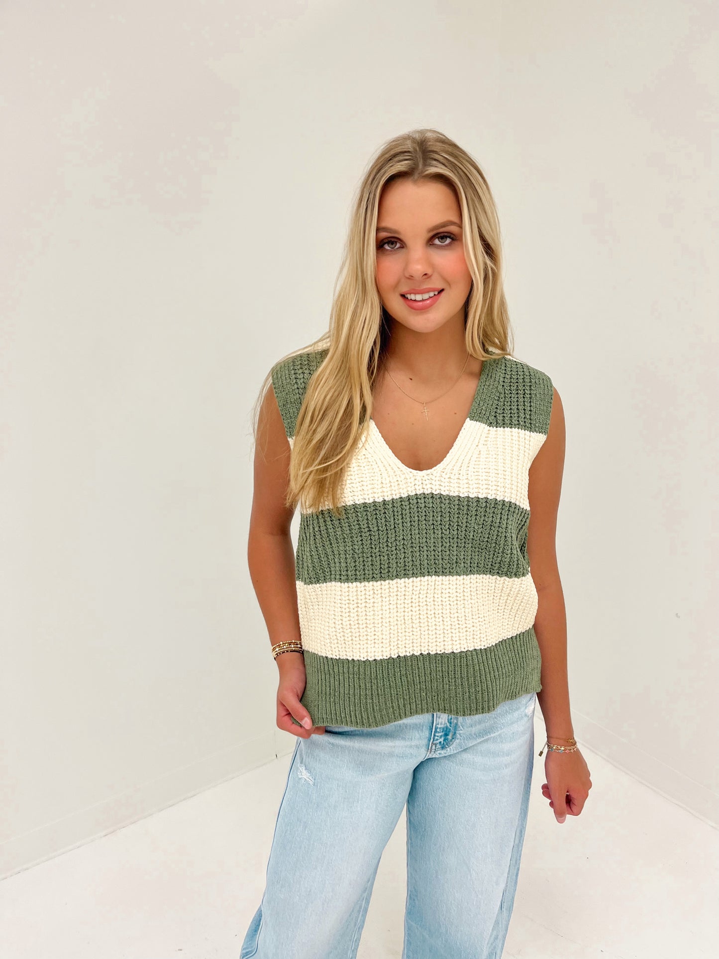 Line Up Sweater Top | Light Olive/Oatmeal