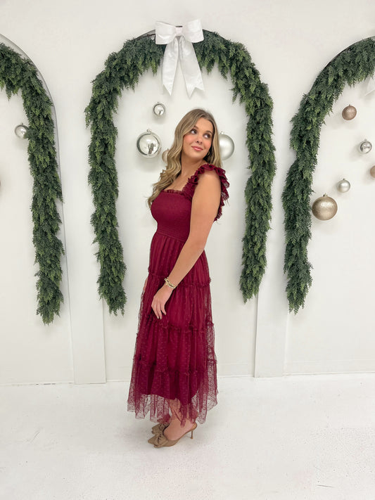 Polka Poise Midi Dress | Burgundy