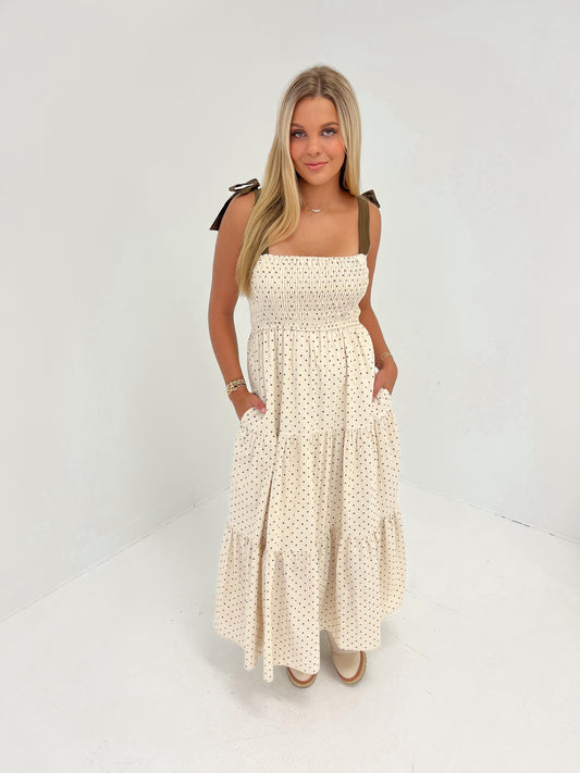 Pretty In Polka Midi Dress | Sand/Chocolate