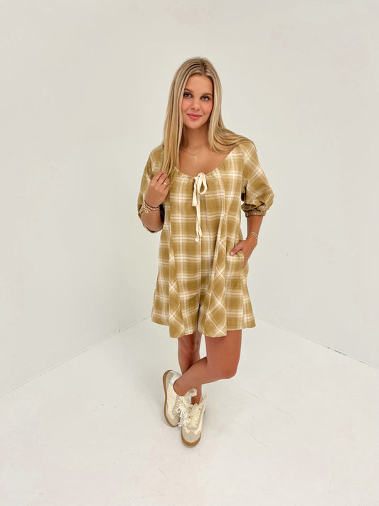 Gridline Plaid Romper | Camel