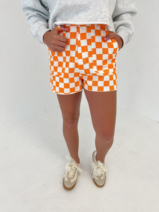 Check Out Denim Shorts | Orange/White