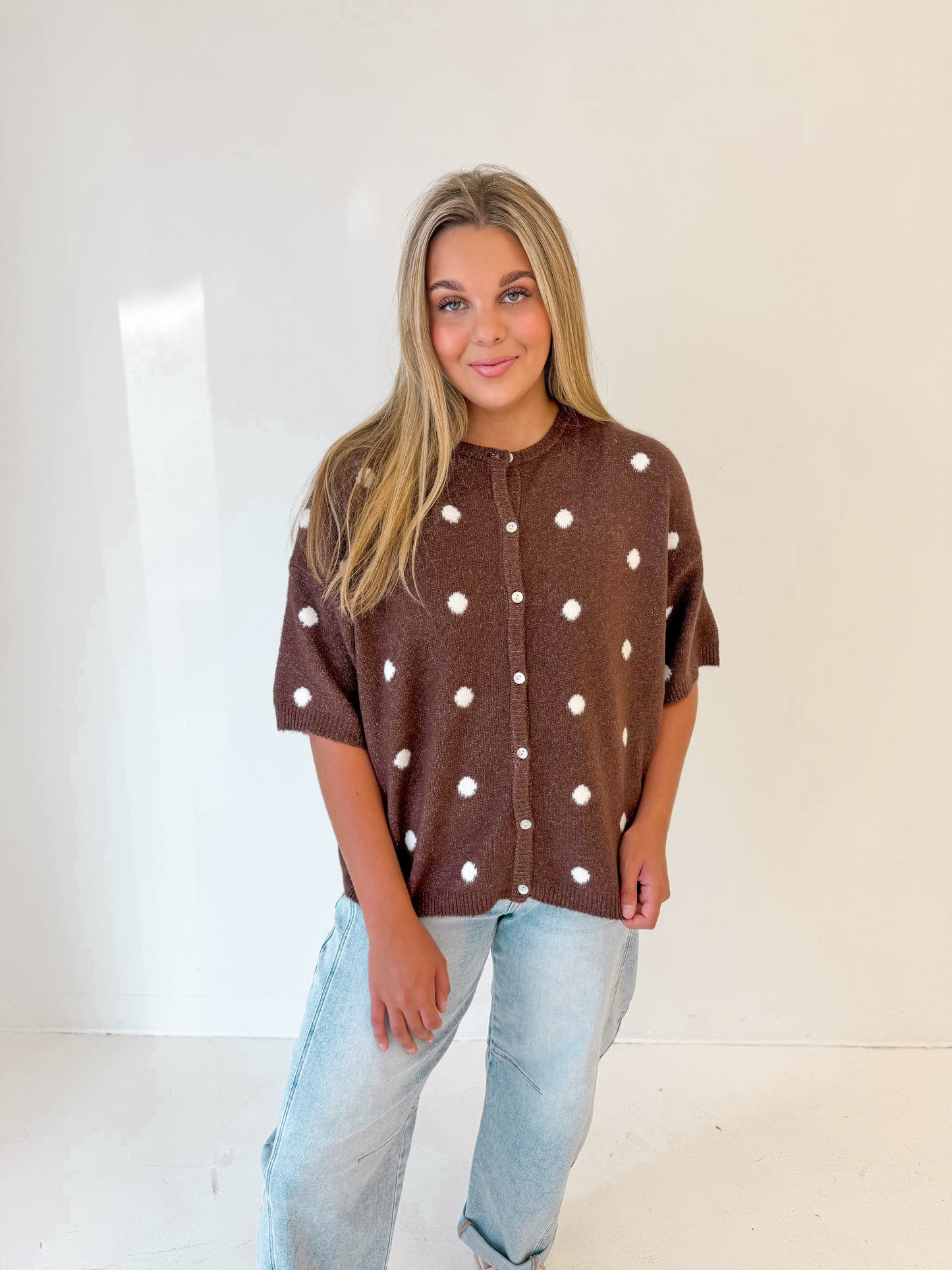 Dotted Days Knit Sweater Cardigan | Brown