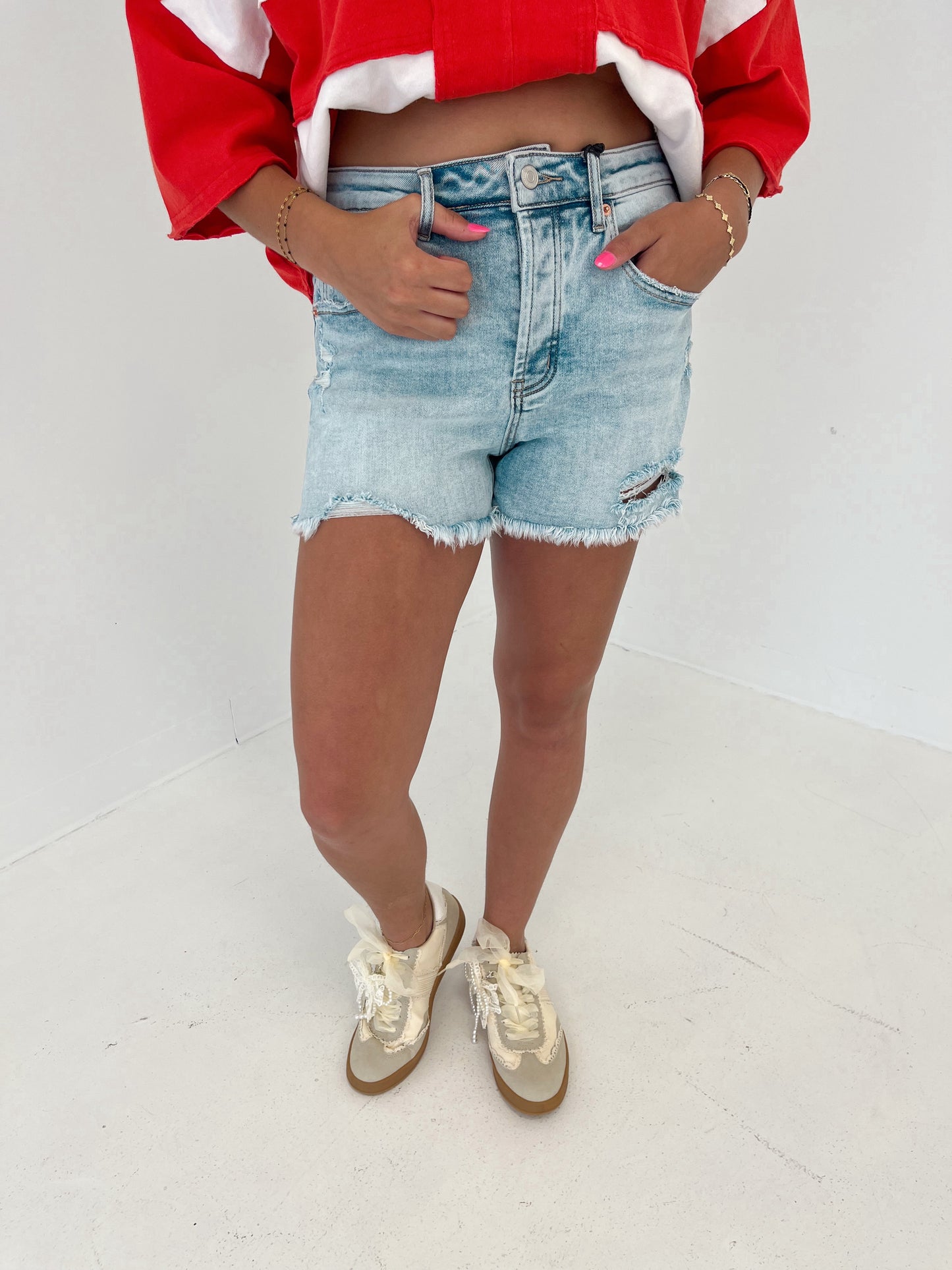 High Rise Distressed Shorts | Light Wash