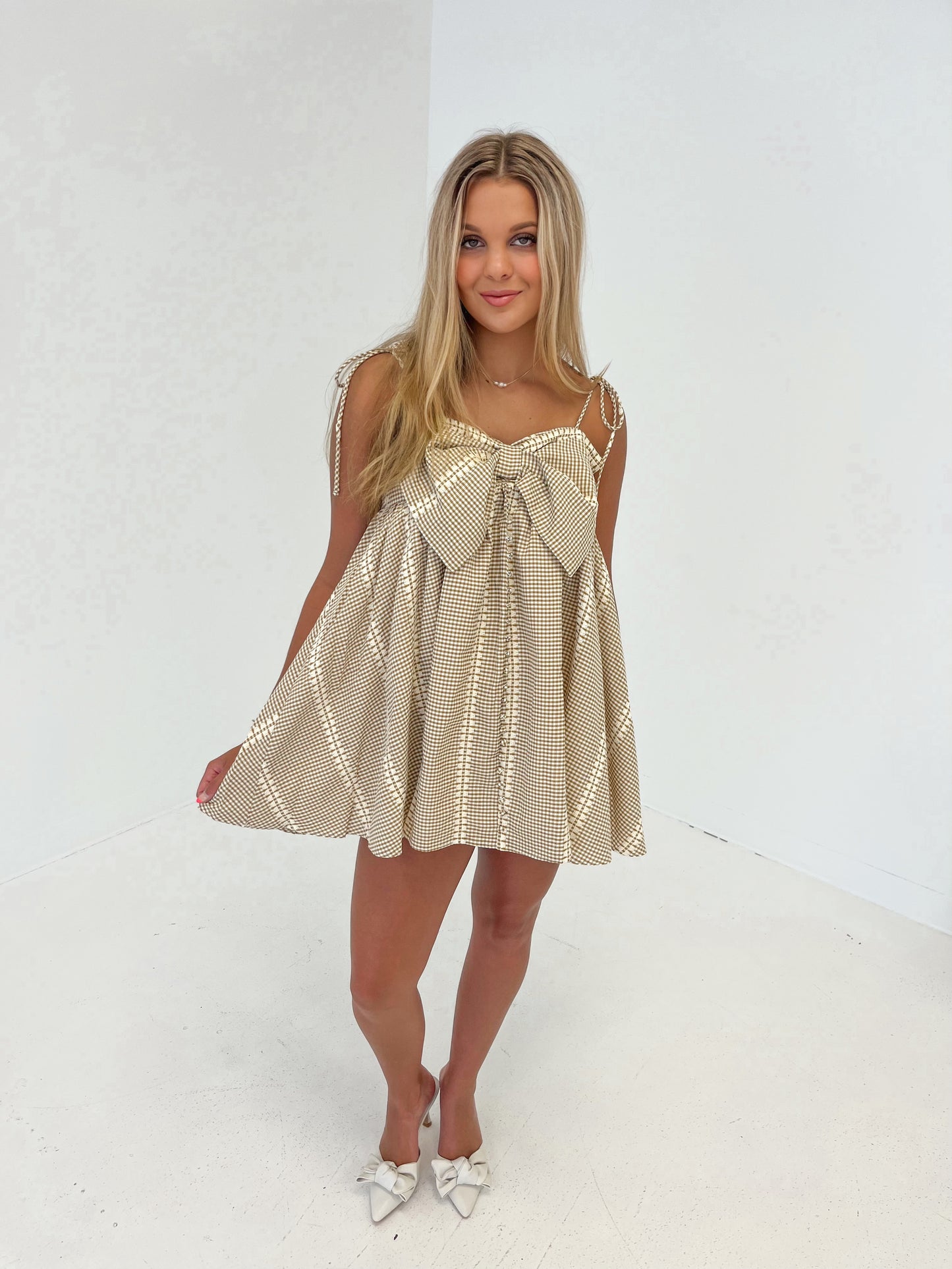 Simply Divine Bow Mini Dress | Beige/Ivory