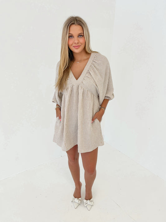 Striped Statement Mini Dress | Taupe