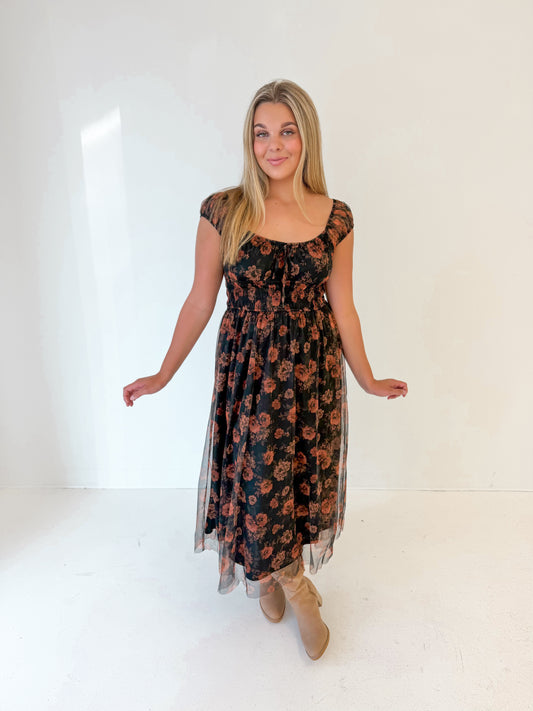 Autumn Bloom Midi Dress | Brown Multi