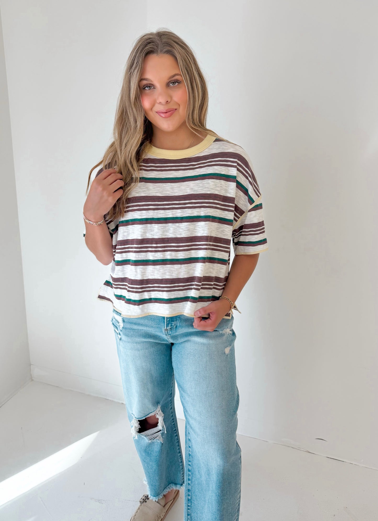 Easy Stripe Knit Tee | Forest/Cream