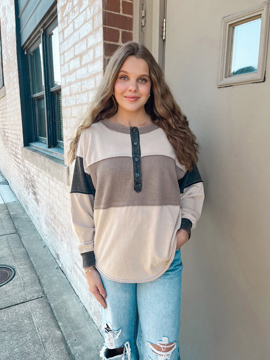 Button Up Color Block Terry Top