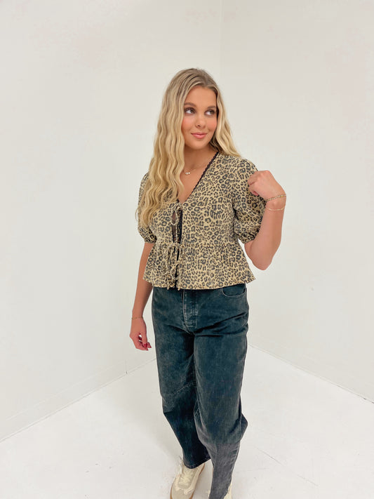 Leopard Luxe Denim Blouse | Tan Leopard
