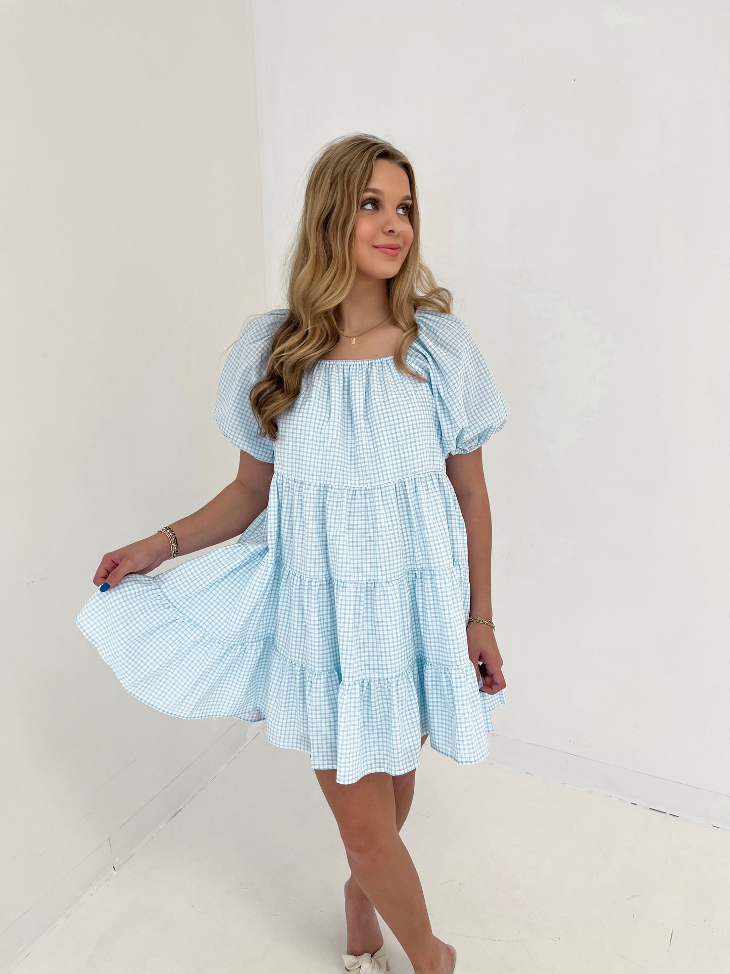 In Line Gingham Mini Dress | Off White/Sky