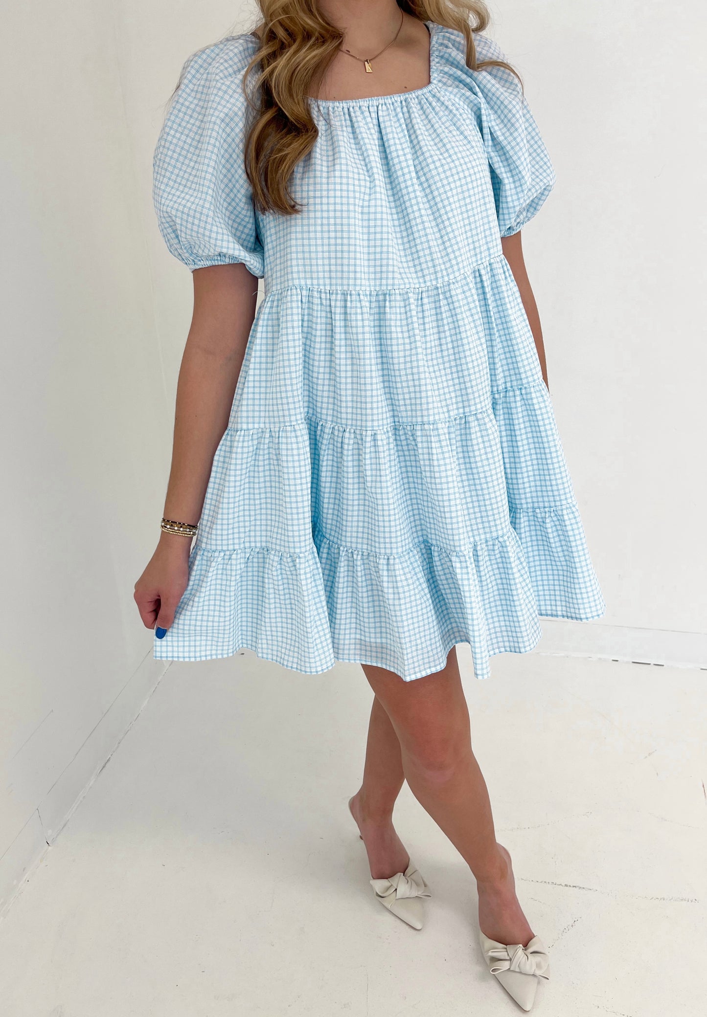 In Line Gingham Mini Dress | Off White/Sky