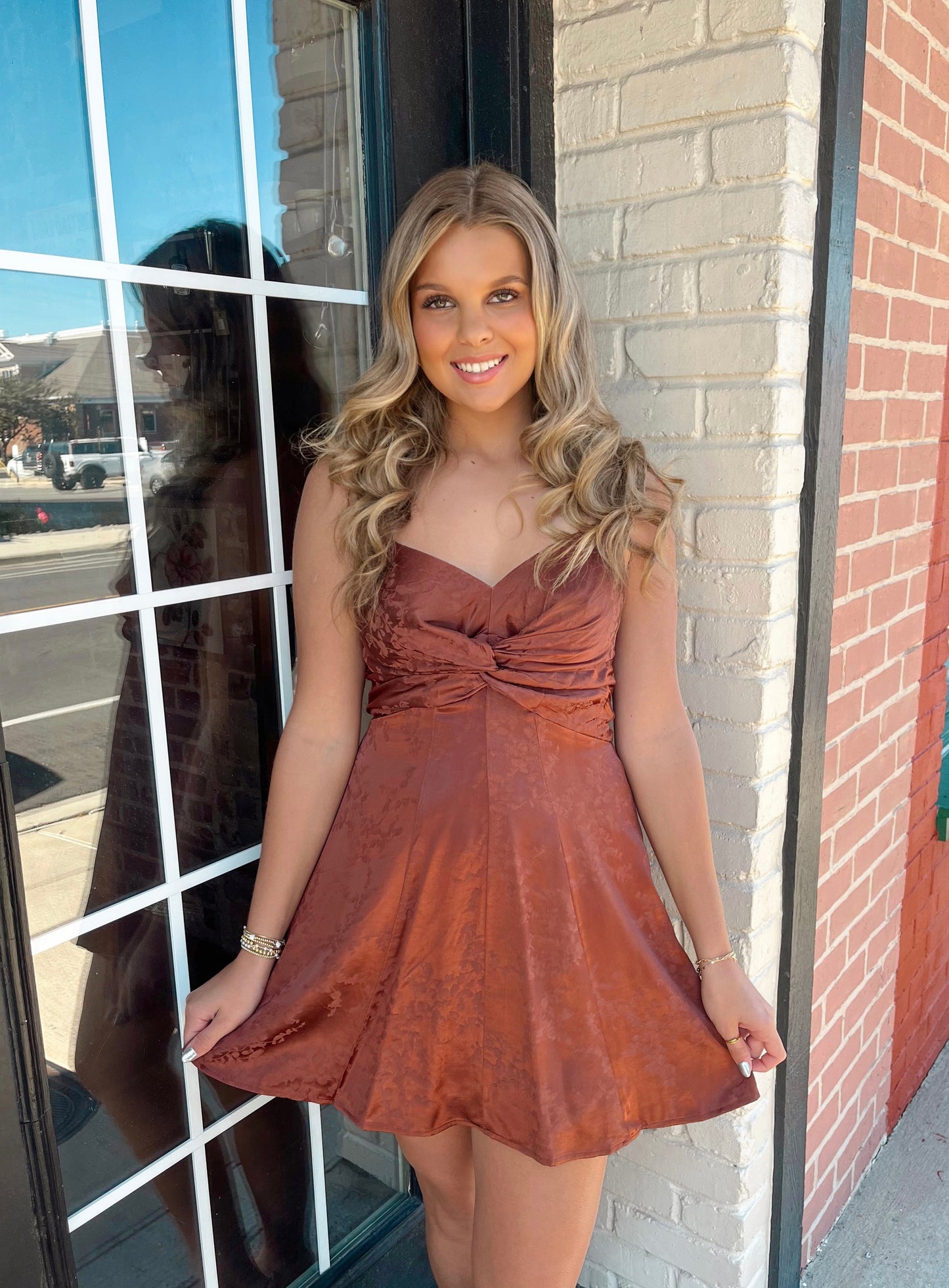 Falling For You Satin Mini Dress | Brown Floral