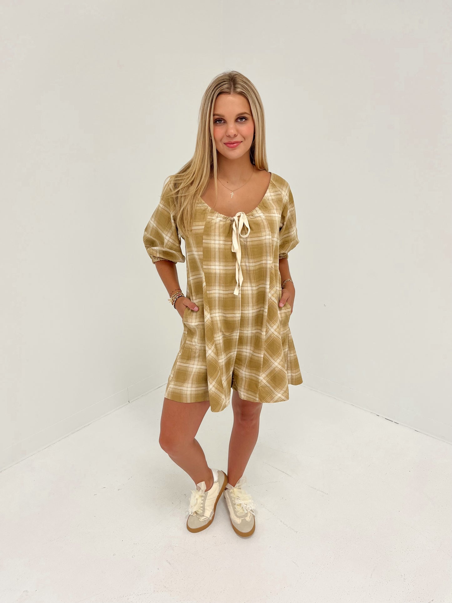 Gridline Plaid Romper | Camel