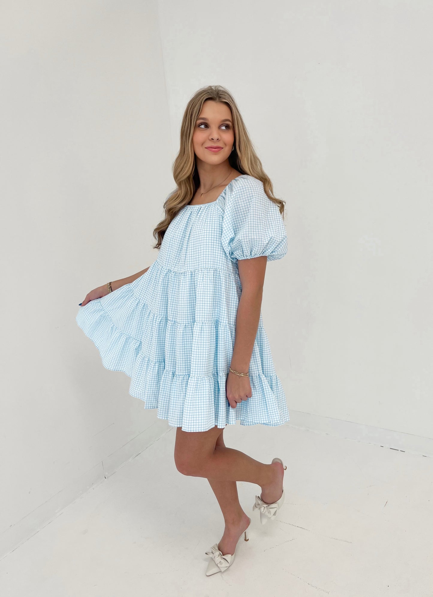 In Line Gingham Mini Dress | Off White/Sky