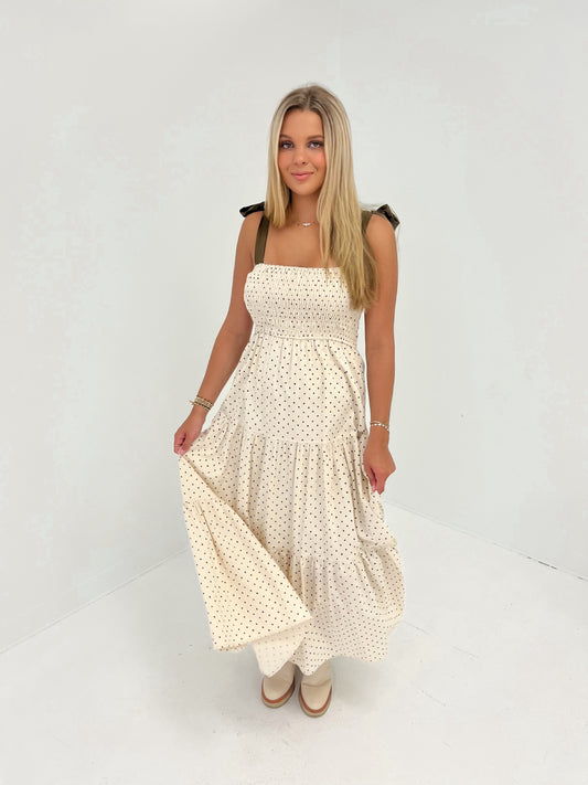 Pretty In Polka Midi Dress | Sand/Chocolate