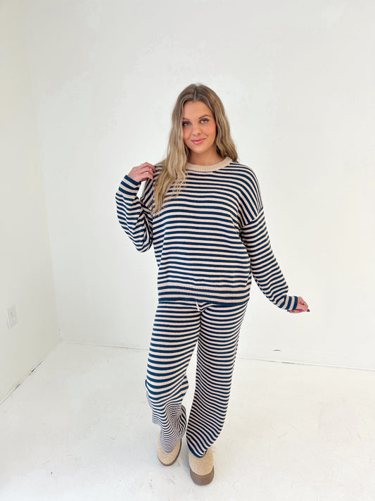 Cozy Stripe Knit Sweater | Navy/Taupe