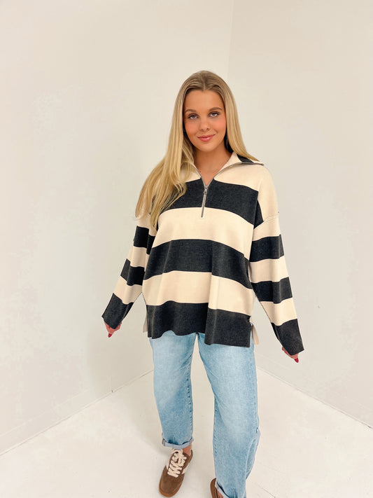 Bold Lines Striped Pullover | Charcoal/Cream