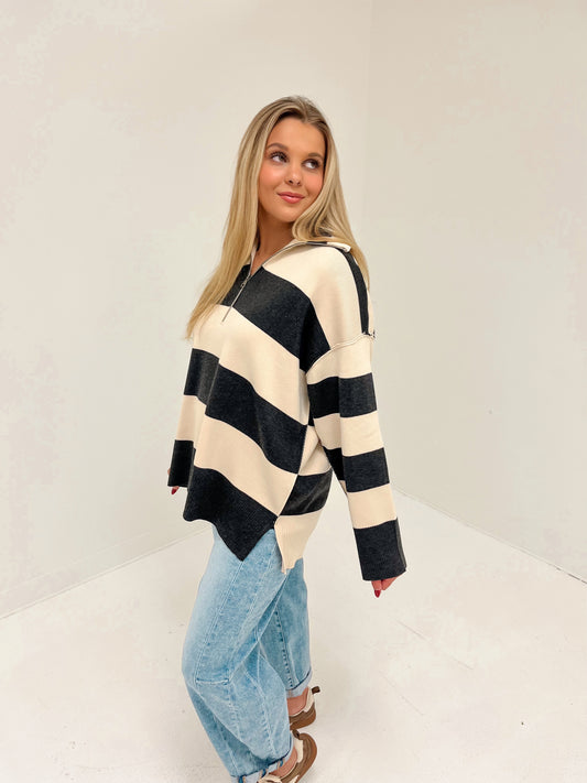 Bold Lines Striped Pullover | Charcoal/Cream