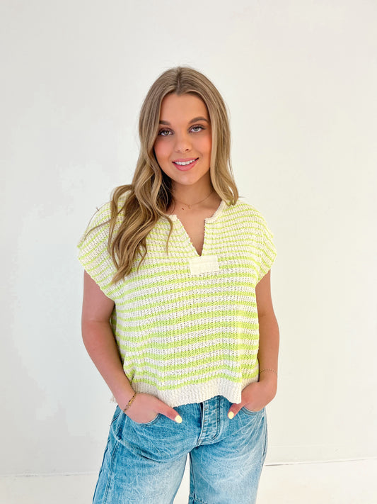 Covered In Lines Knit Top | Lime/Ecru