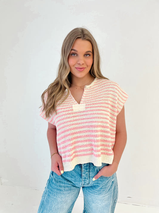 Covered In Lines Knit Top | Bubblegum/Ecru