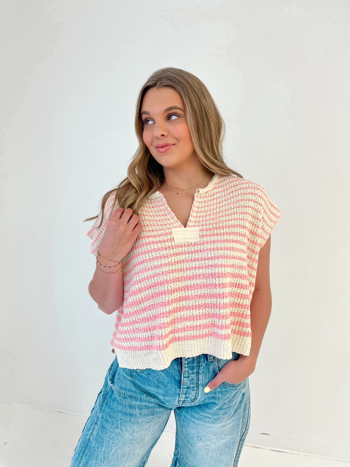 Covered In Lines Knit Top | Bubblegum/Ecru