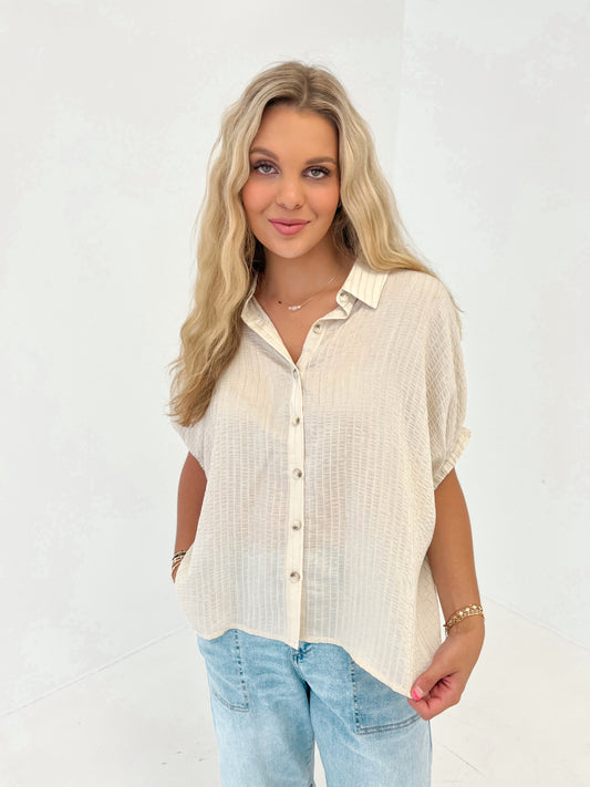 On The Line Striped Button Top | Ecru