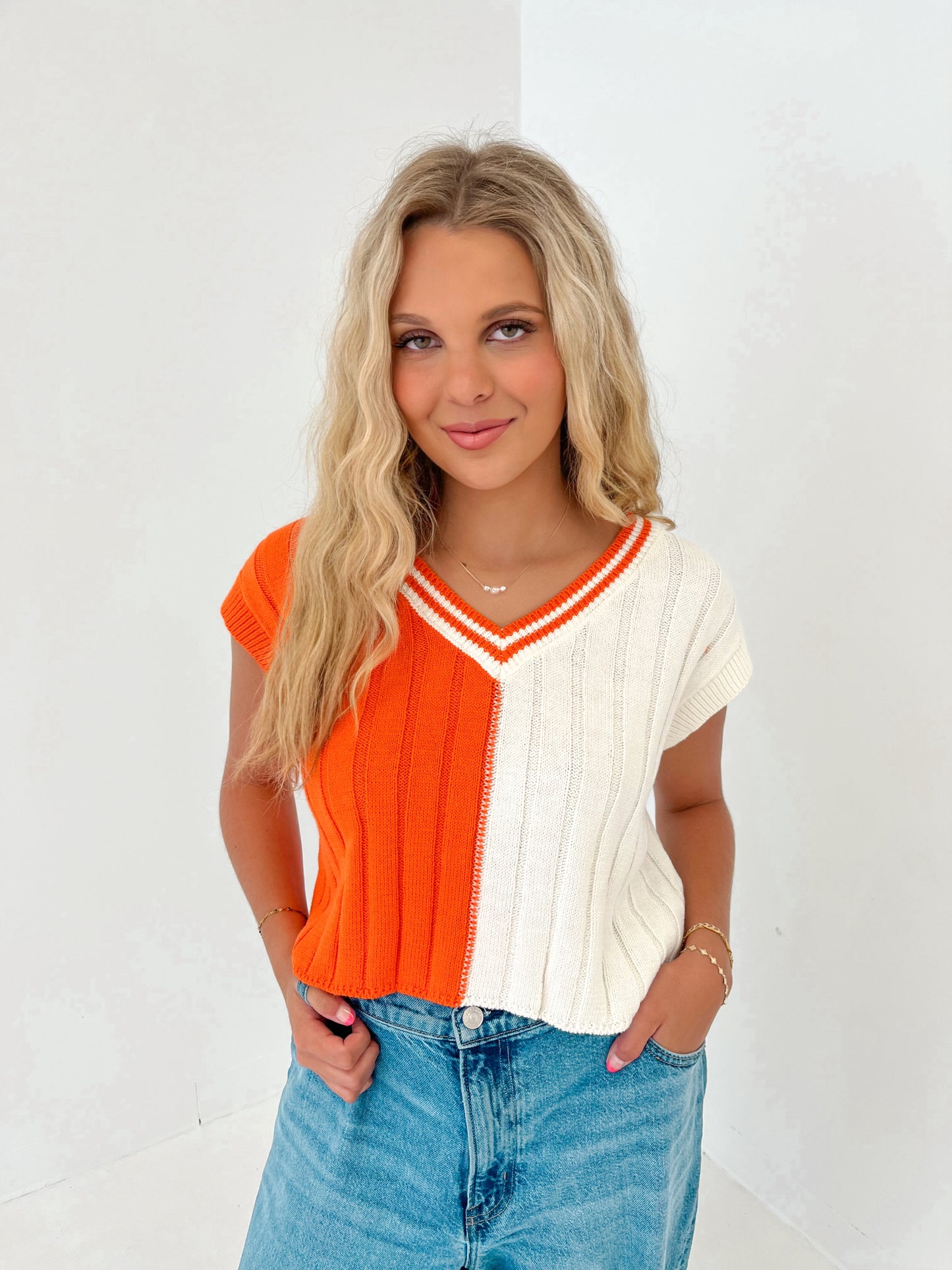 Field Goal Sweater Top | Orange/White