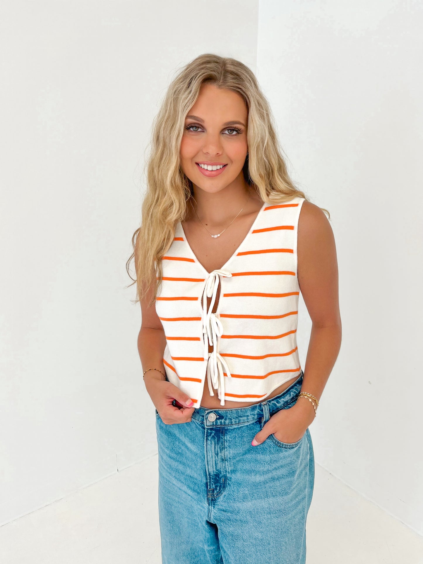 Clara Striped Front Tie Sweater Top | Ivory/Orange