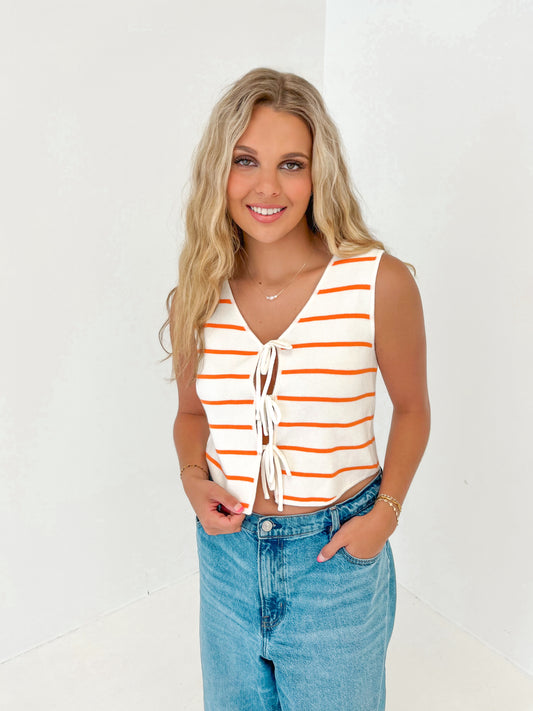 Clara Striped Front Tie Sweater Top | Ivory/Orange