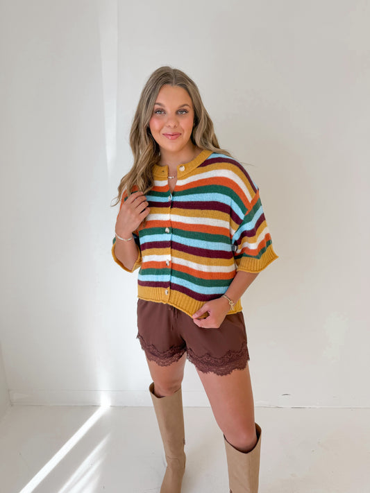 Maple Street Striped Knit Cardigan | Mustard Multi