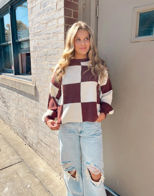 Adeline Oversized Checker Sweater | Chocolate