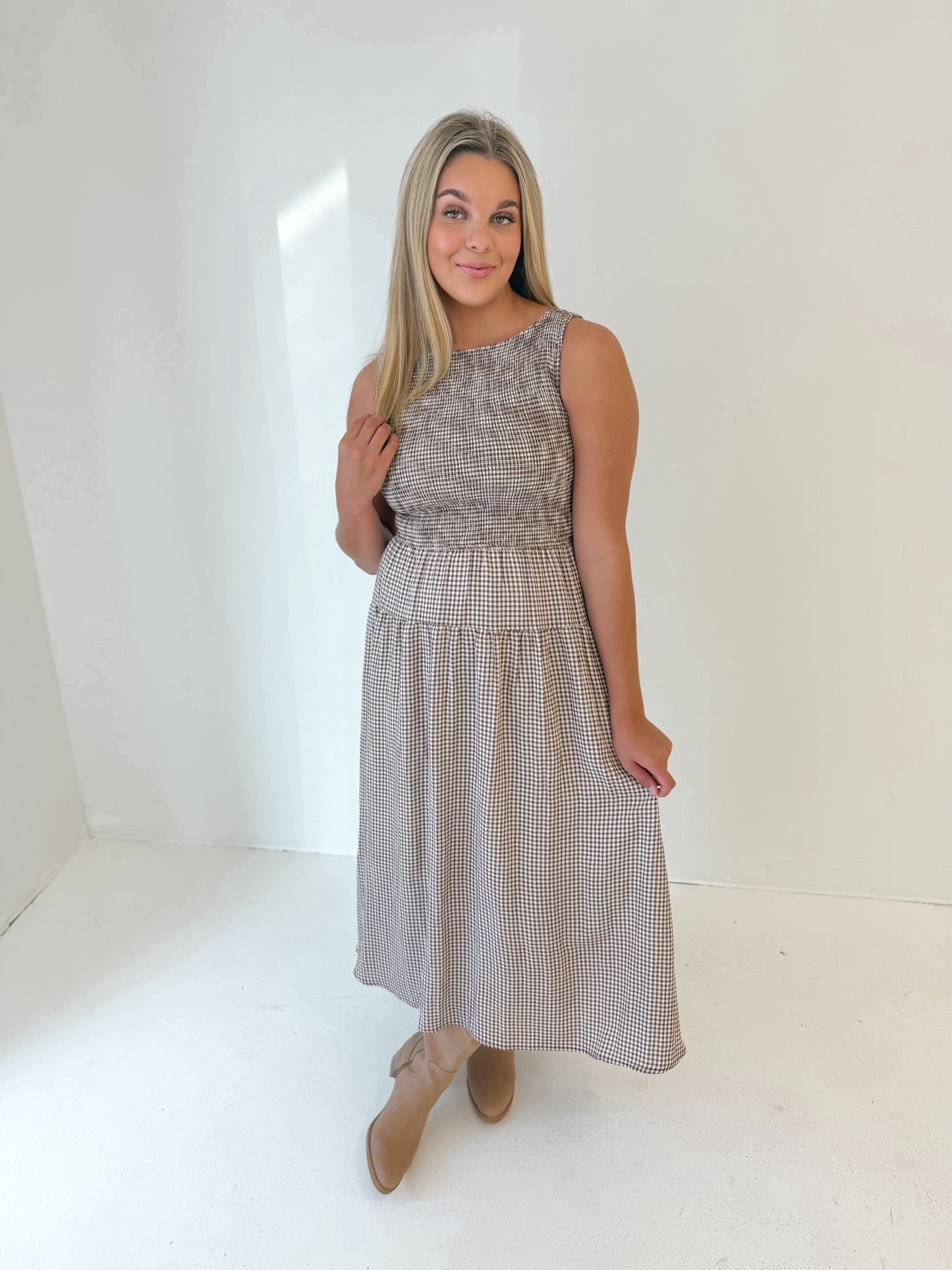 Gingham & Gather Midi Dress | Brown