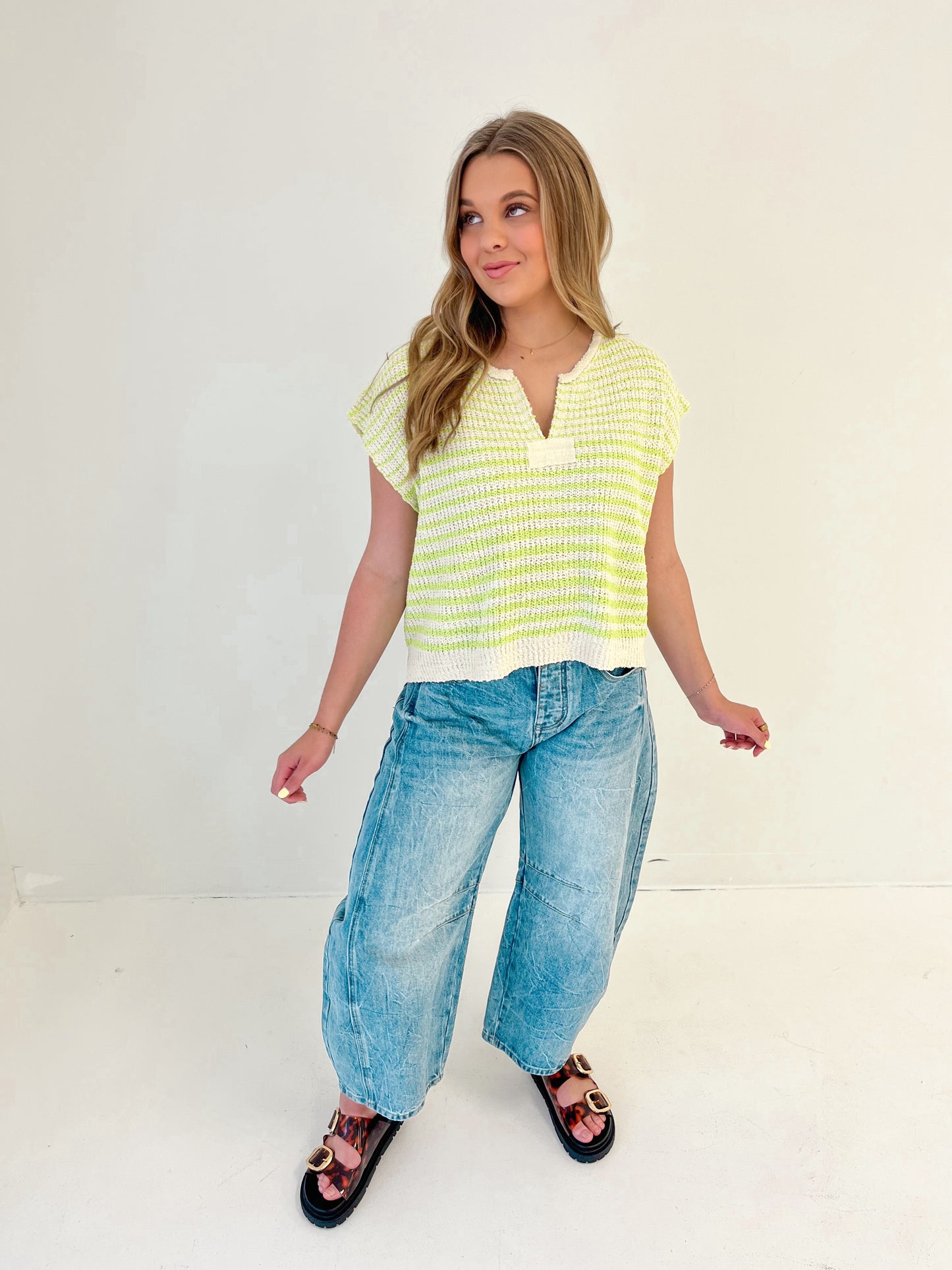 Covered In Lines Knit Top | Lime/Ecru