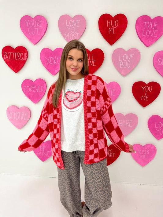 Pretty In Love Checker Cardigan | Red/Pink