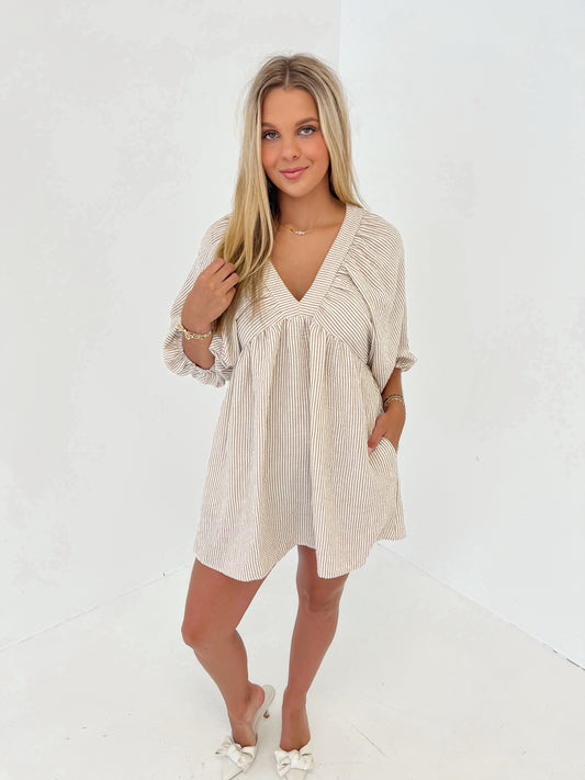 Striped Statement Mini Dress | Taupe