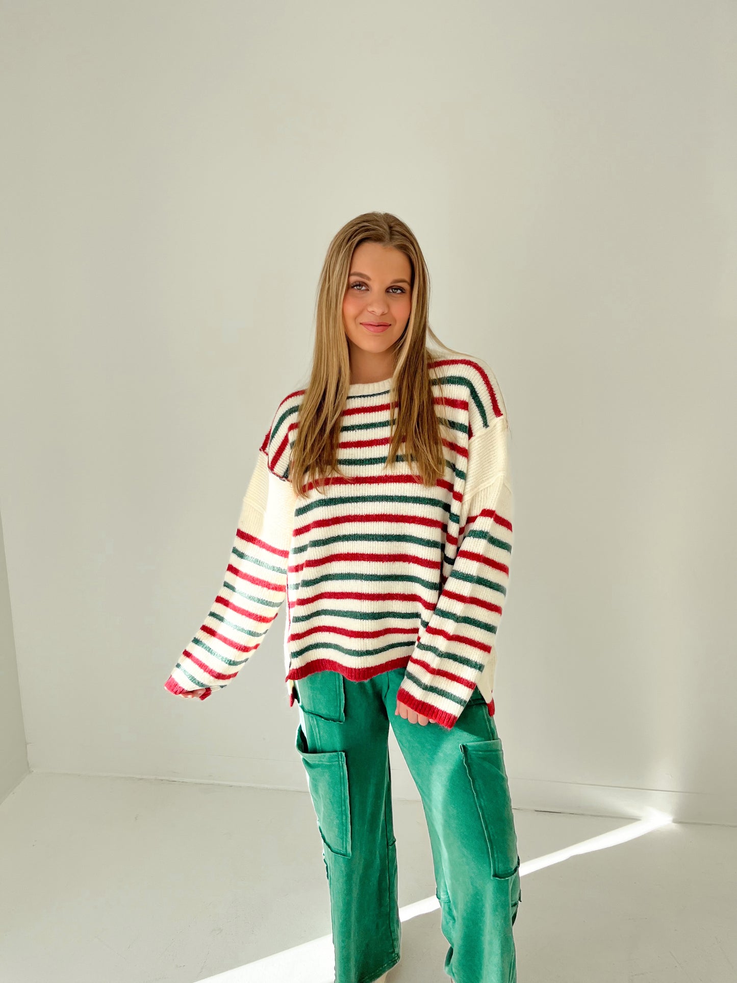 Soft Stripes Knit Sweater | Ivory/Red/Green
