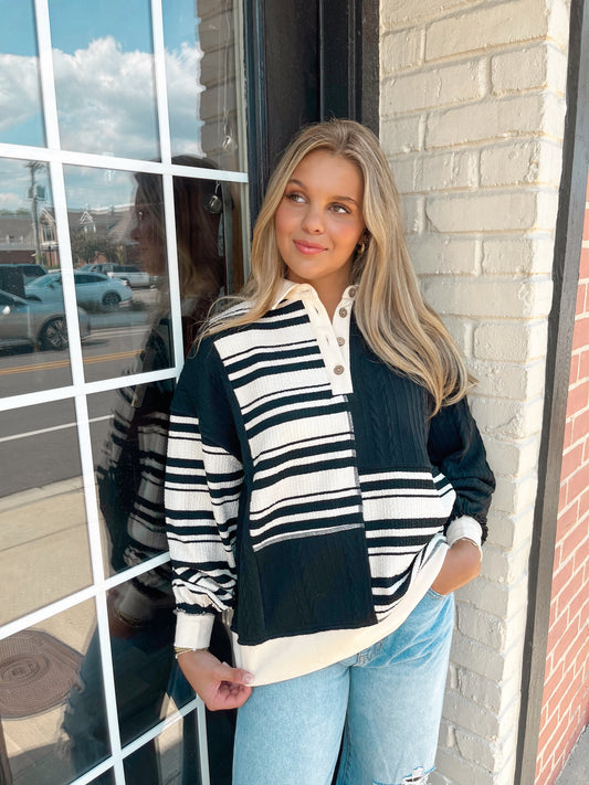 Walk The Line Stripe Knit Top | Black/Cream