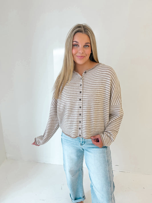 Classic Stripe Knit Cardi | Light Mocha