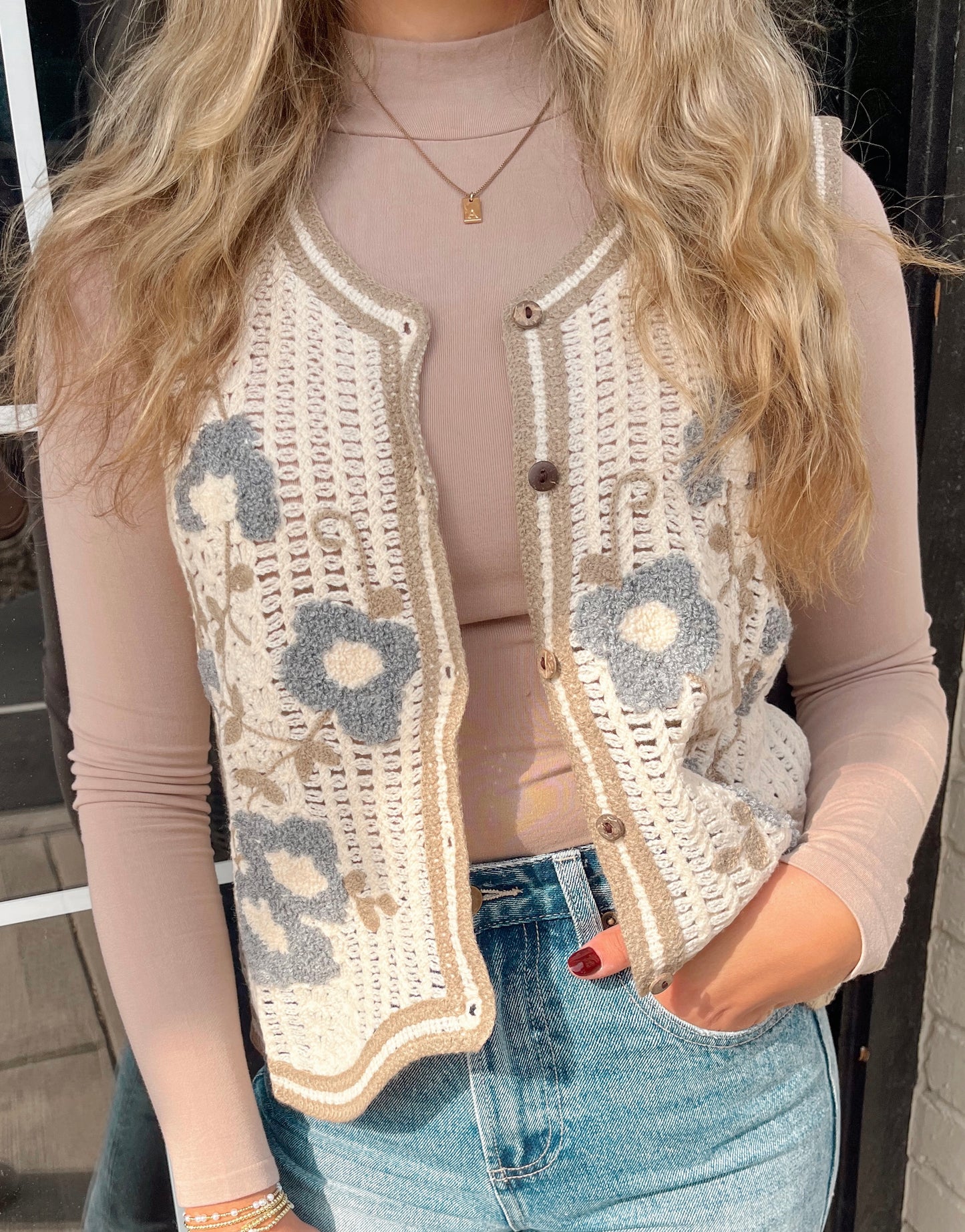 Kylee Crochet Sweater Vest | Latte/Blue