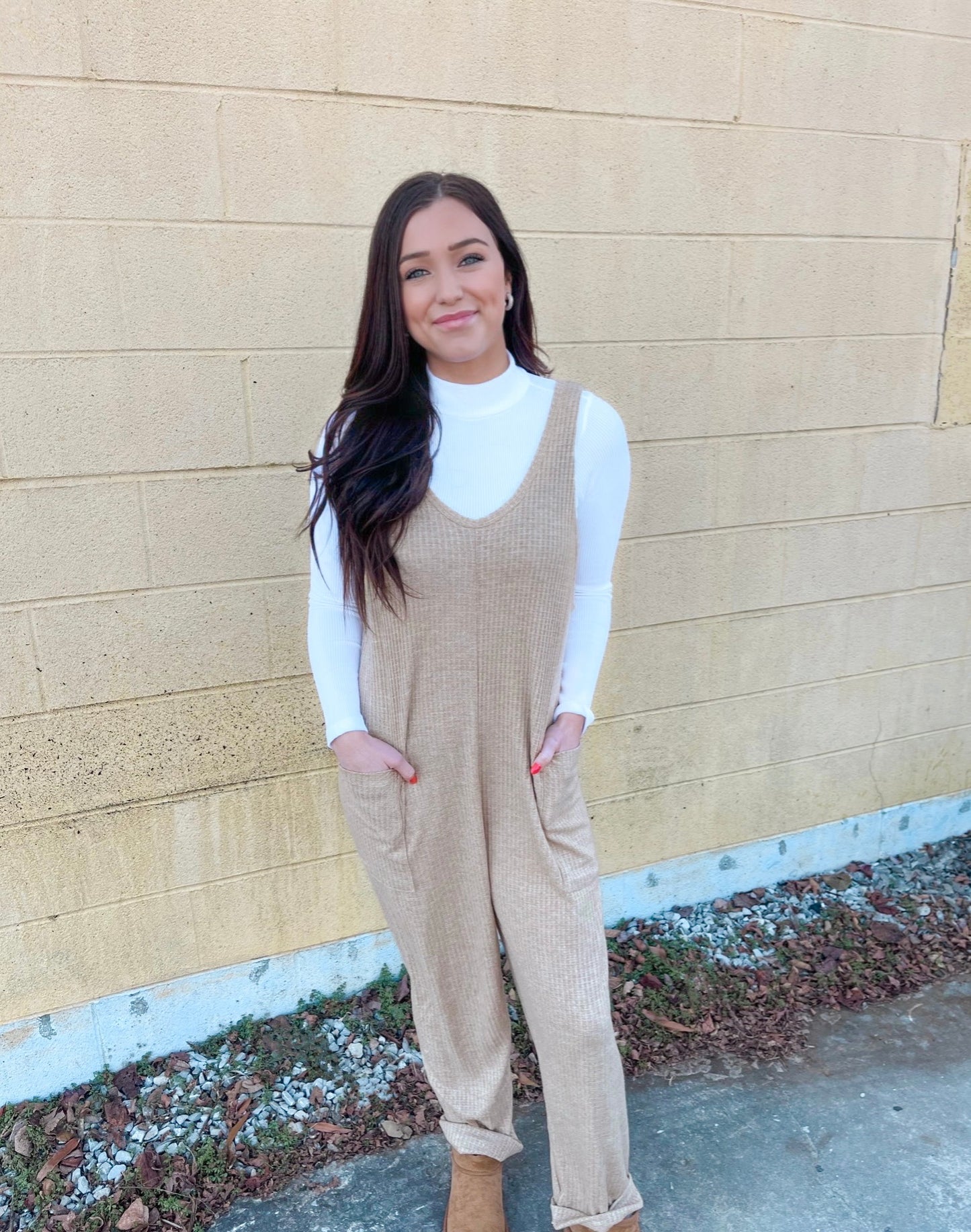 Waffle Knit Textured Jumpsuit | Taupe