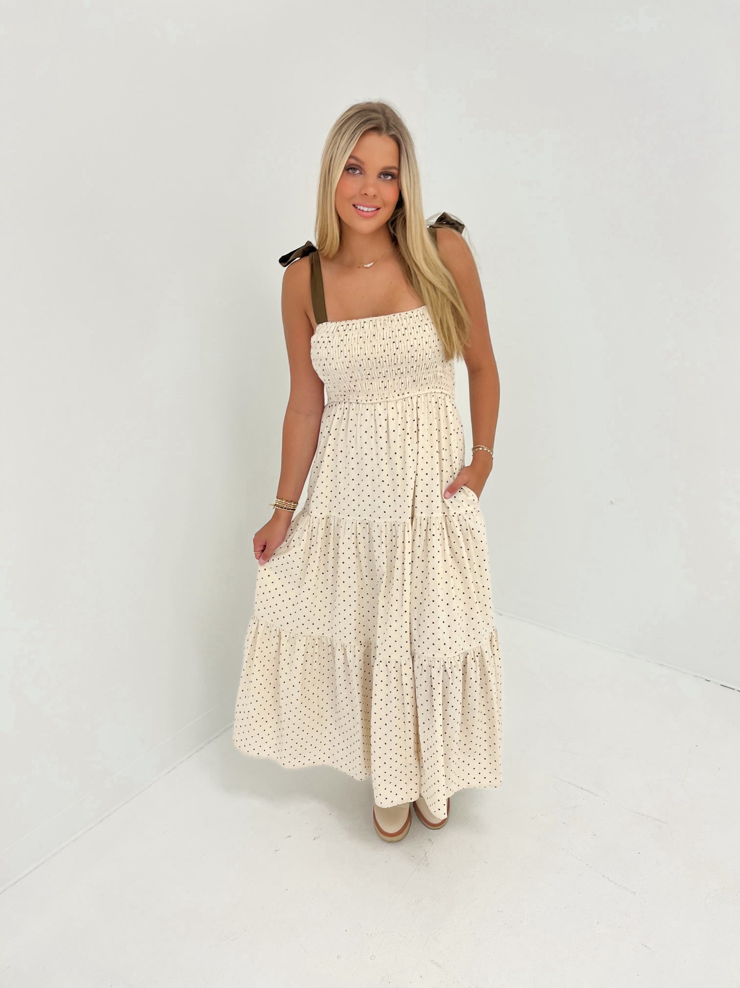 Pretty In Polka Midi Dress | Sand/Chocolate
