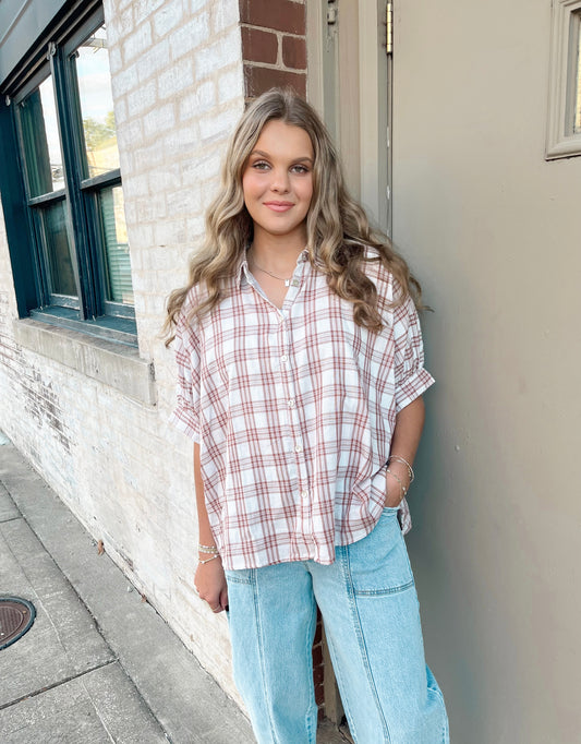 Going Places Plaid Top | Burgundy/Off White