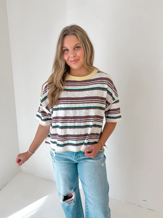 Easy Stripe Knit Tee | Forest/Cream