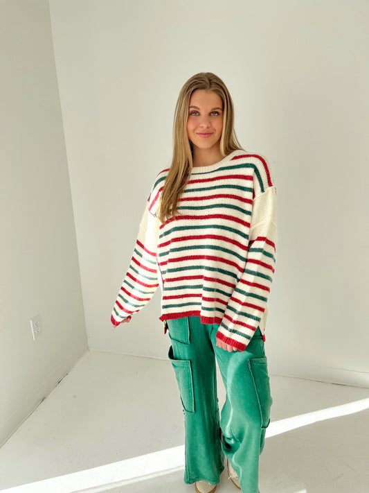 Soft Stripes Knit Sweater | Ivory/Red/Green