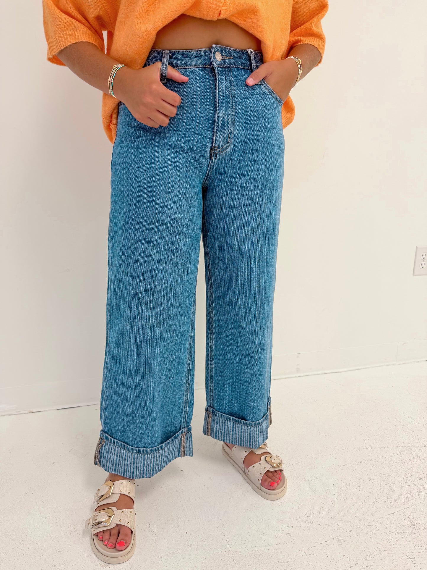 High Rise Striped Cuff Jeans | Medium