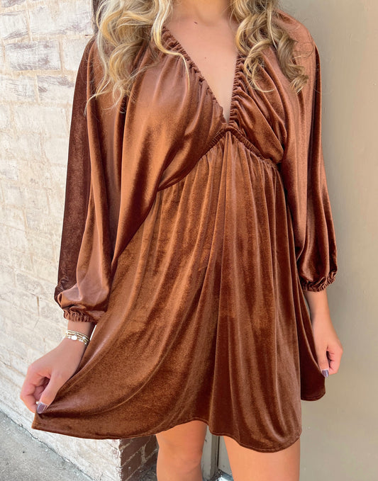 Cider Tasting Velvet Mini Dress | Deep Bronze