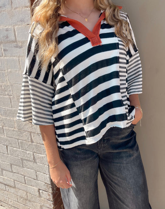 Level Best Stripe Patchwork Top | Black