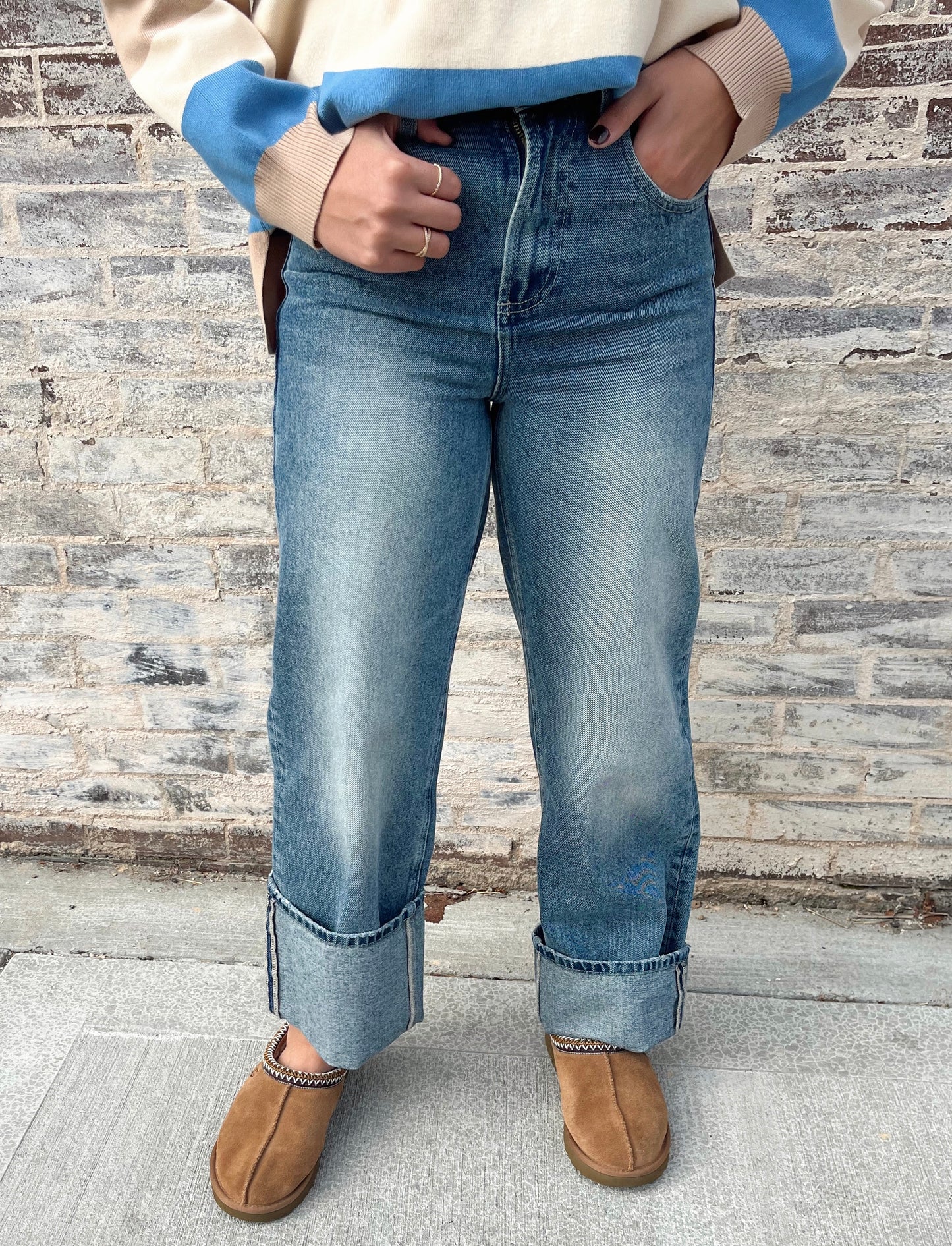 Straight Leg Cuffed Denim Jeans