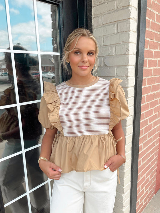 Izzy Ruffle Stripe Blouse | Taupe